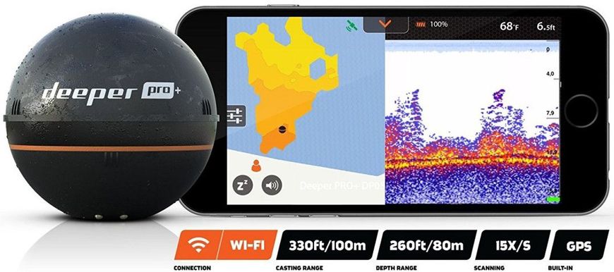 Беспроводной эхолот DEEPER PRO+ WiFi+GPS (двухлучевой; есть встроенный GPS приемник)